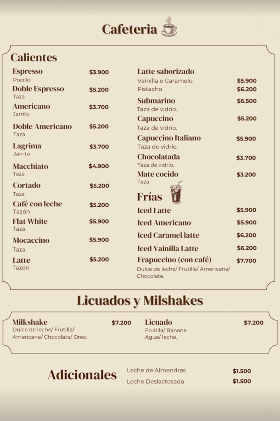 Cafetería, Licuados y Milkshakes
